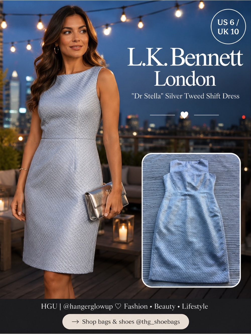 L.K.Bennett Dr Stella Silver Metallic Tweed Shift Dress UK10 US6 Occasion